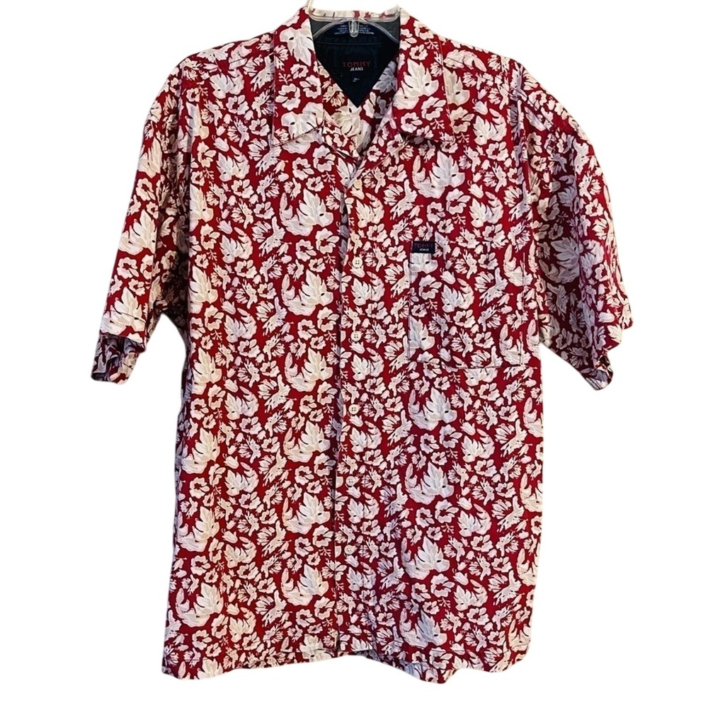 Vintage Tommy Jeans Short Sleeve Red Floral Hawaiian Shirt Beach Tropical